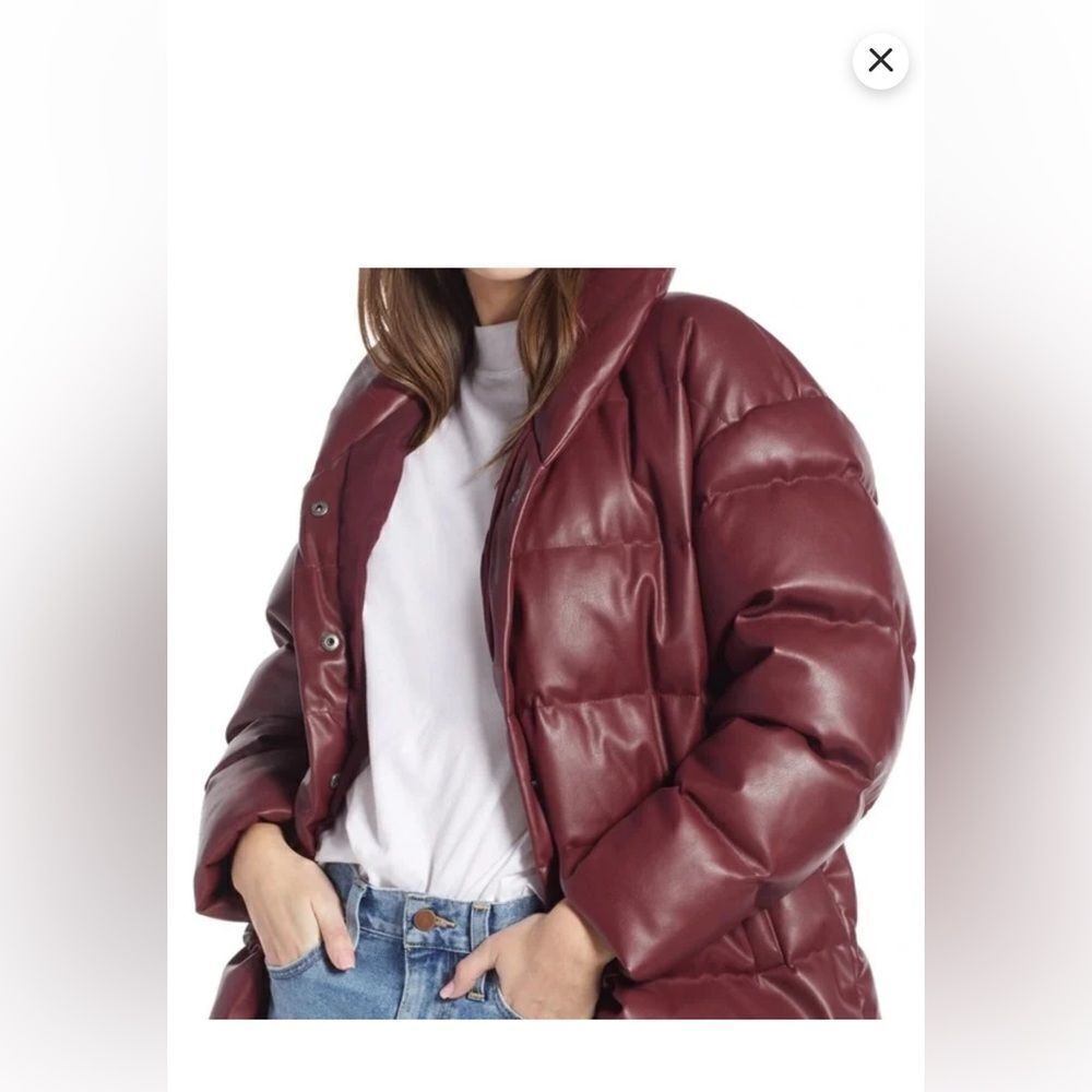 NWT Something Navy Faux Leather Puffer Coat